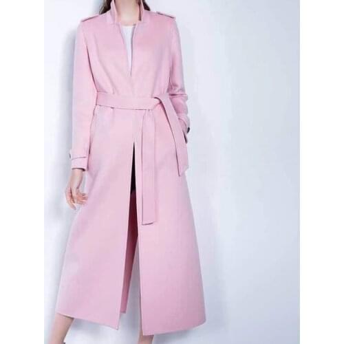 Womens Winter New Pink Long Woolen Blends Outerwear Sashes Covered Button Stand Collar Temperament Overcoats
