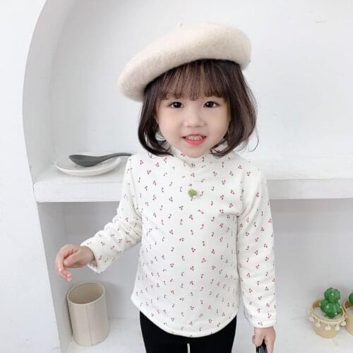 2020 Winter Baby Girl Shirt 1-4 Y Children Fashion Thick Tshirt Cherry Print Plus Velvet Turtleneck Tshirt For Girl Kids Clothes