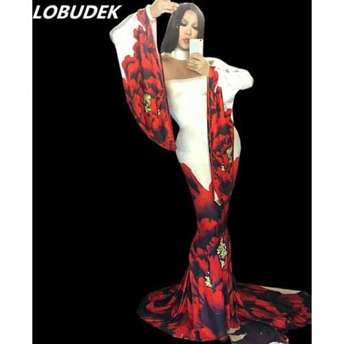 2018 new prom party formal red dress long tail nightclub bar sexy one-piece costumes slim fashion stage performance show