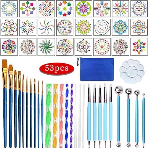 53pcs/Set Multifunction Mandala Dotting Tools Kit For Painting Rocks Mandella Art And Drafting Art Supplies Makeup Brush