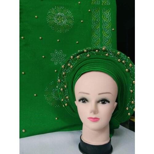 Aso oke headtie with shawl together nigerian gele headtie with beads&stones african turban femme head wrap for party 2set