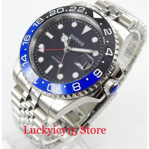 PARNIS Business Style Sapphire Glass 40mm Mental Strap GMT Function Black Dial With Date Adjustment Coverback Blue Black Bezel