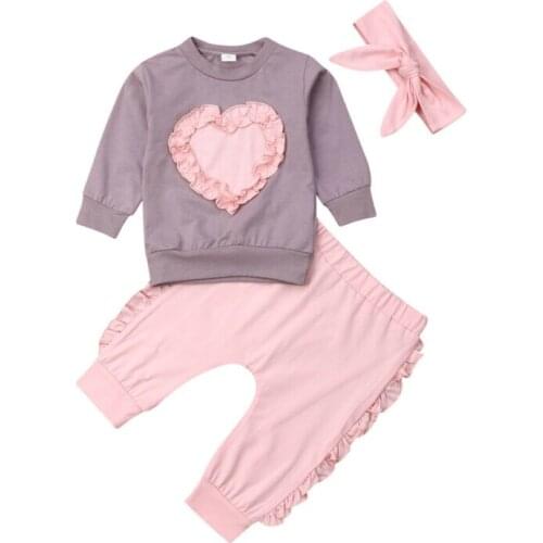 Boutique Kid Clothes Autumn Toddler Girl Ruffles Heart Long Sleeve Tops Pants Headband 3pcs Love Shape Clothes 0-2Y