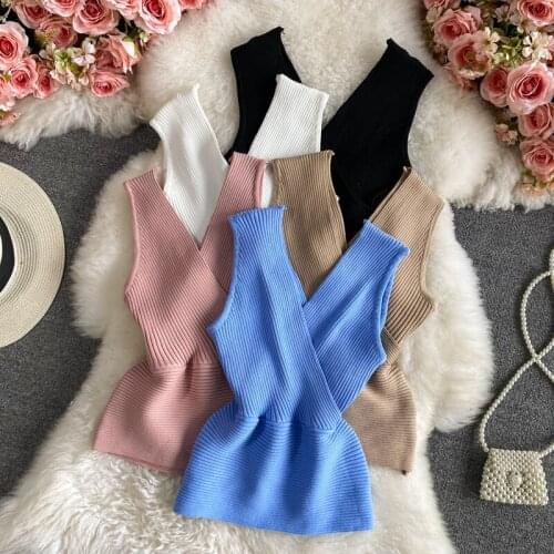 Summer Chic Sexy Criss-cross V-neck Knitted Tank Top Women Short Little Sleeveless Top