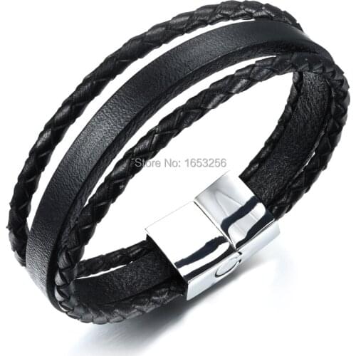 Hot selling stainless steel Jewelry Multilayer leather Bangle Women Mens Fashion Punk bracelet 8.26