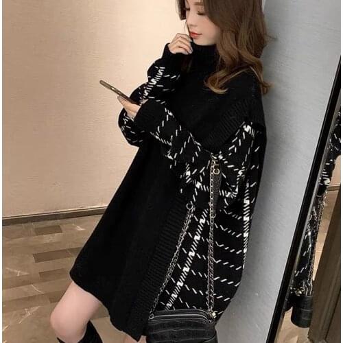 Fashion women sweater 2020 autumn and winter new high neck stitching fake two-piece sweater loose and lazy style
