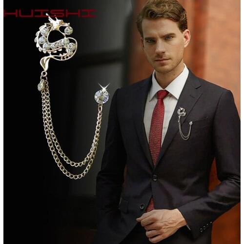 Mens Dragon Shape Brooch Gold Silvery Tassel Chain Lapel Classical Pin Tuxedo Banquet Corsage Dress Shirt Brooch Accessories