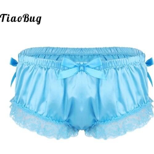 TiaoBug Mens Sissy Shiny Soft Satin Lingerie Ruffled Floral Lace Cute Bowknot Knickers Briefs Underwear Panties