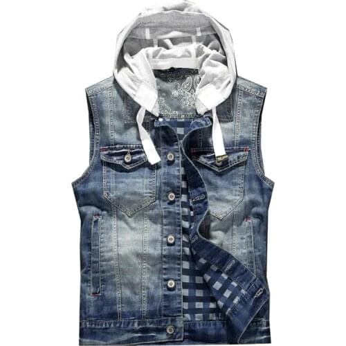 Ripped Jean Jacket Mens Denim Vest Jeans Waistcoat Men Cowboy Brand Sleeveless Jacket Male Tank Top Hooded Vest S-3XL
