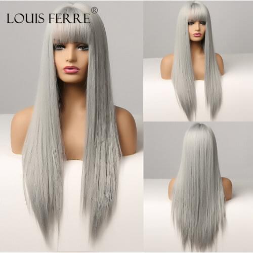 LOUIS FERRE Pure Gray Wig with Bangs Long Silky Straight Heat Resistant Synthetic Costume Wigs for Women Daily/Party Fake Hair