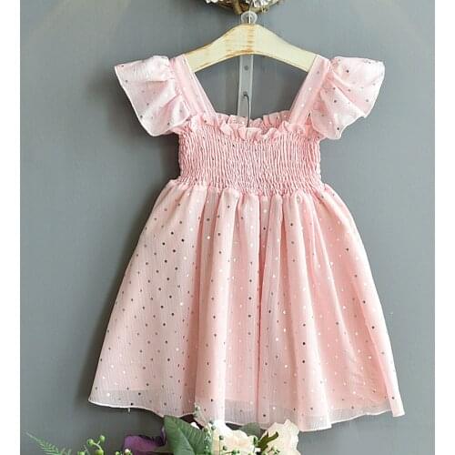 New Arrival Chiffon Kids Princess Dress For Girls Summer 2021 Ruched Dot Print Birthday Toddler Clothes