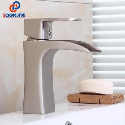 Contemporary Bathroom Waterfall Faucet Cold Hot Water Brass Brushed Nickel Single Lever Sink Mixer Tap Hot Cold Water Basin Taps