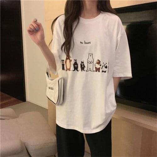 Cartoon Loose Bear Ins T-shirt Female Korean Harajuku Womens T-shirts Tops Japanese Kawaii Ladies Ulzzang Clothes For Women
