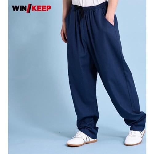 Unisex Chinese Style Loose Linen Pants Wushu Training Trousers Spring Summer New Elastic Waist Loose Fit Tai Chi Pants Plus Size