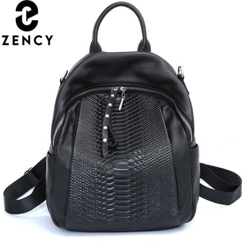 Zency 2021 Genuine Leather Backpack For Women Alligator Rivet Fashion Rucksack Commute Travel Quality Girl Shoulder Satchel Bag