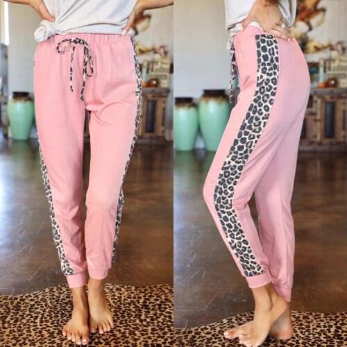Women Pants Patchwork Leopard Print Pajamas Lace-up Home Slacks Ladies Home Casual Trousers Winter Pants Plus Size Sleep Bottoms