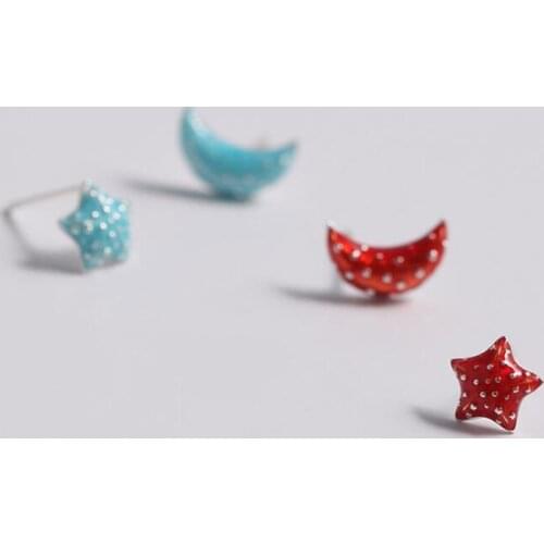 Fashion Trendy Moon Star Stud Earrings For Women Girls Statement Real 925 Sterling Silver Enamel Earring Party Gifts Jewelry