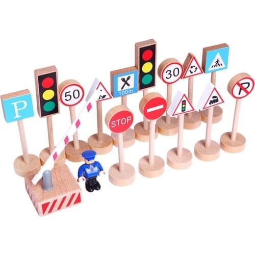 16Pcs Wooden Street Road Traffic Signs Model Block Educational Kids Toy DIY Mini Signpost Traffic Scene Educational Toys New
