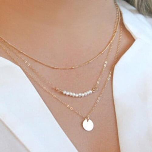 2021 New Fashion Women Choker Necklace Stylish Faux Pearls Polished Coin Charm Pendant Three Layers Necklace Jewelry Girl Gift