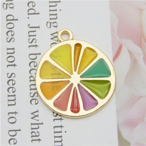 Julie Wang 4PCS Enamel Orange Charms Alloy Gold Tone Artificial Fruit Rainbow Colors Orange Slice Jewelry Making Accessory