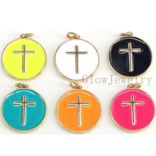 6Pcs,Gold Filled Colorful Enamel Cross On Round Coin Shape Pendant, Gold Filled Enamel Charm,Enamel Jewelry, Cross Charm
