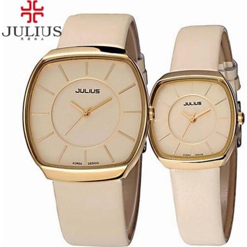 Julius Couple Leather Pair Watches Square Face His and Hers Lovers Wedding Watches Japan Quartz Movt 30m Waterproof Clock JA-669