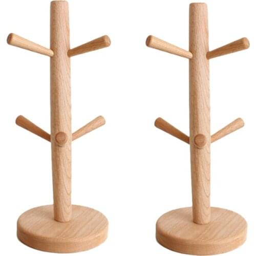 2 Pcs Wood Mug Rack Tree,Coffee Cup Holder with 6 Hooks,Coffee Mug Stand for Kitchen Counter,Tea Cups Holder,Cup Dryer