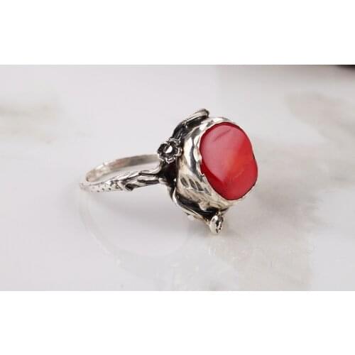 UM US JEWELRY Coral Natural Stone 925 Sterling Silver Women 'S Ring
