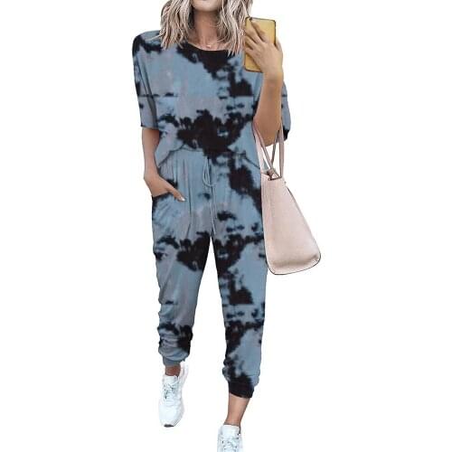 Women’ S Summer Pants Suit Fashion Print O Neck Short Sleeve Loose Lace Up Ladies Trousers 202 Woman Casual Suit Home Service