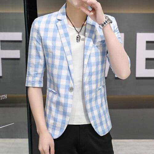 Seven minute sleeve suit man summer thin plaid 7 minute short sleeve single Western Korean version of casual medium sleeve small