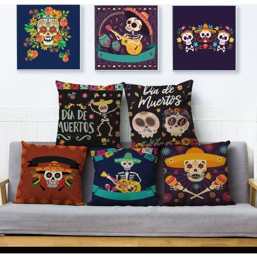 Mexican Skull Flowers Print Cushion Cover Cartoon Day Of The Dead Linen Pillowcase Kid Gift Sofa Home Decor Pillows Cases