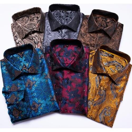 Hi-Tie Blue Mens Shirts Paisley Floral Silk Gold Long Sleeve Casual Shirts For Men Jacquard Male Business Party Wedding Dress
