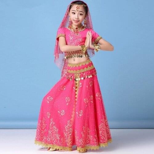 New Style Kids Belly Dance Indian Dance Costume Set Sari Bollywood Children Outfit Chiffon Belly Dance Performance Clothes Sets