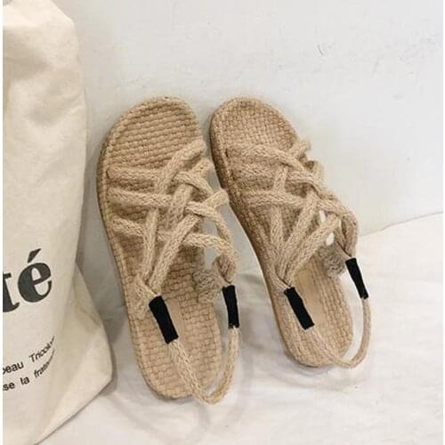 Hemp rope sandals for female students 2021 new straw woven summer cross straps beach casual ladies and slippers women shoes