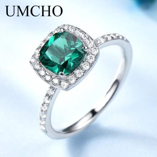 UMCHO Real 100% 925 Sterling Silver Jewelry Created Round Emerald Birthstone Rings For Women May Birthday Gift Fine Jewelry
