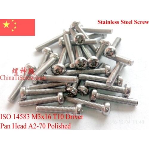 ISO 14583 Stainless Steel screws M3x16 Torx T10 Driver Pan Head A2-70 Polished ROHS 100 pcs