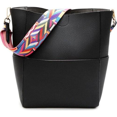 Women bucket Shoulder bag Large Color wide shoulder straps Women handbags pu leather messenger bags womens totes Shopping Bag