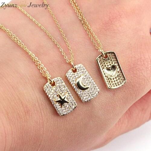 10PCS, 2021 Fashion CZ Pave Bar Women Neck Pendants Star Heart Moon Engraved Crystal Choker Necklace Trendy Gold Color Jewelry