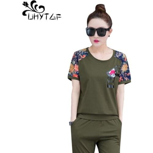 UHYTGF Womens Summer Suit Casual Female Tracksuit Short-Sleeved Pullover T-Shirt Tops + Pants Cute Girl Two-Piece Sets 3XL 1642