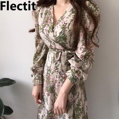 Flectit Floral Wrap Dress With Bowknot V-Neck Puff Sleeve Midi Chiffon Dress Women Retro Elegant Style