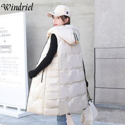 Windriel Winter Warm Long Waistcoat Women Hat Rope Casual Vest Jacket Snow Wear Students Outerwear Fashion Coat Parka Sleevelss