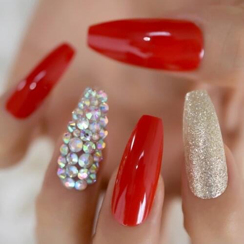 28pcs Gorgeous Red Press on Ballet False Nails Extra Long Ruby-red Coffin Ballerina UV Cover Fingersnails Extention Tool