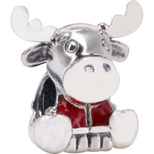 Bewill Authentic 925 Sterling Silver Canadian Moose Maple Leaf Red Cute Fawn Beaded Fit Original Bracelet Necklace DIY Jewelry