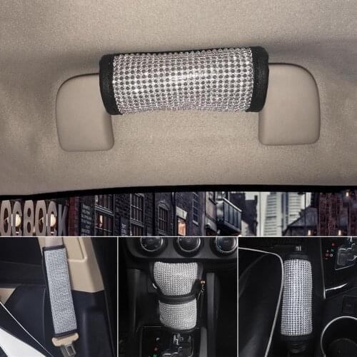 Shiny Rhinestone Faux Leather Car Handbrake Gear Shifter Knob Protective Cover
