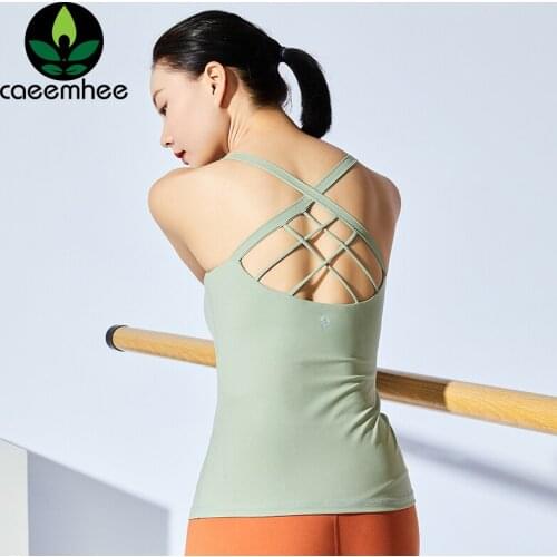CAEEMHEE Back Cross Sleeveless Yoga Tops Athletic Fitness Sport Tank Tops Running Training Workout Gym Vest With Removable Cups