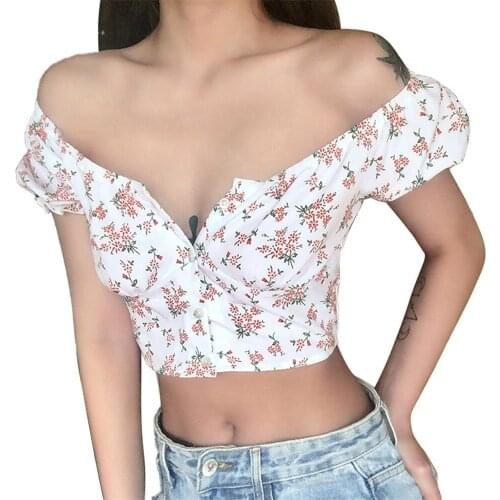 Women Fashion Sexy Slim Dating Wear Sweet Crop Tops Flower Print V Neck Short Puff Sleeve Summer Spring Pullover T Shirts White