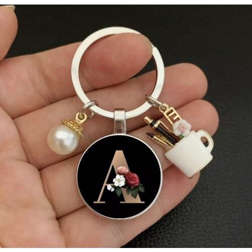 DIY charm enamel pen holder teachers day gift keychain, simple black A-Z letter pattern glass cabochon keychain, pearl keychain