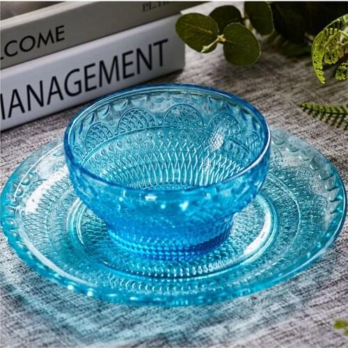 European Classical Plate Glass Fruit Bowl Figured Embossed Colorful Glass Bowl Plate Household Bowl And Dish Set