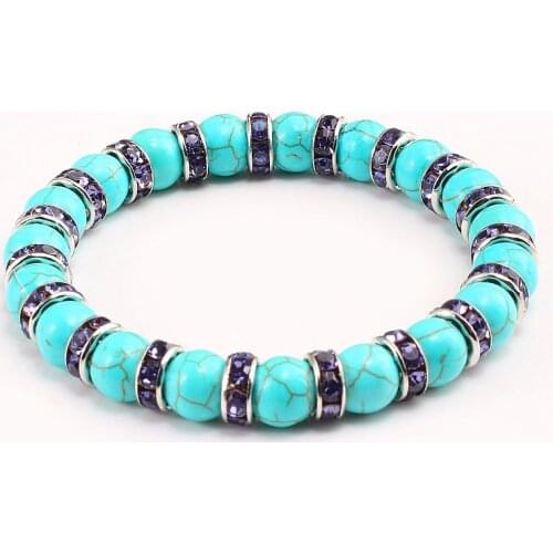 Natural Blue Turquoises Stone Charm Bracelets For Women Men Rhinestones Chakra Beads Strand Bracelet Buddha Prayer Jewelry Gifts