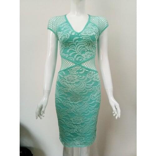 2017 New Fashion Elegant Lace Patchwork Short Sleeve Wholesale Women Bodycon Celebrity Bandage Dress